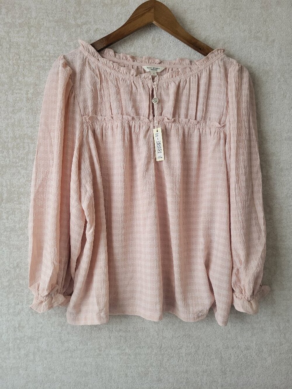 Max Studio London Gingham Peasant Blouse Pink Long Sleeve Ruffle Large Office